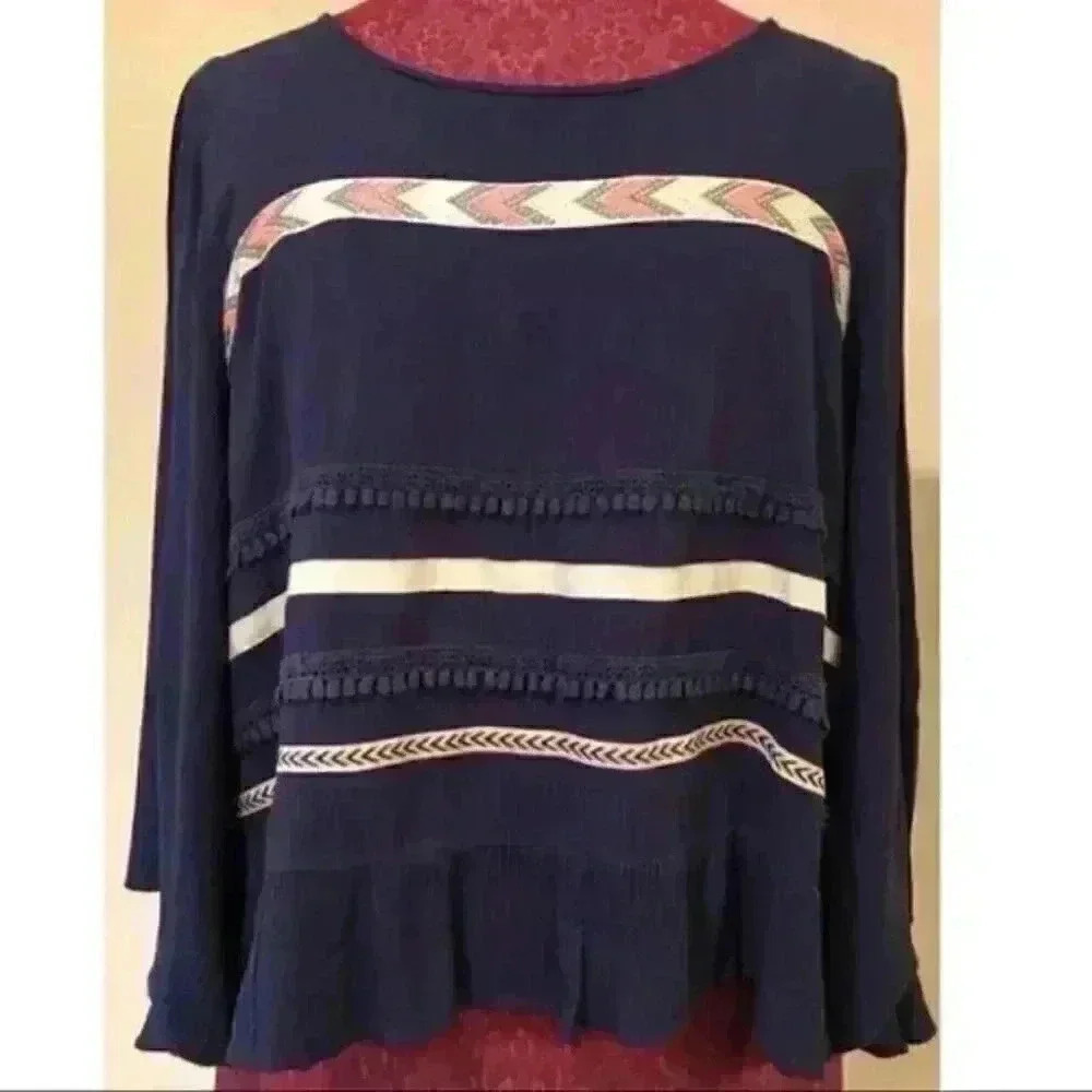 Double Zero Top Large Chevron Hi Low Hem Pom Poms